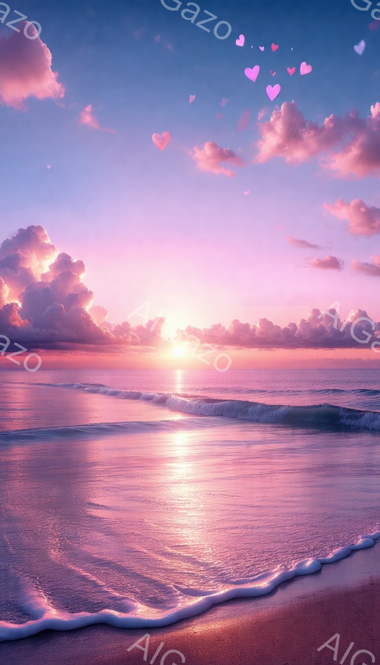 広大な海が夕焼けのピンクと紫の色合いで照らされており、空にはふわふわとした雲が広がっています。海面は穏やかで、太陽の光を反射してキラキラと輝き、まるでピンク色の道が伸びているようです。背景には遠くの水平線が見え、全体的に穏やかで夢幻的な雰囲気が漂っています。