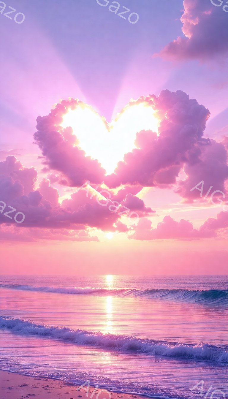 鮮やかなピンクと紫色の空に、ハート型の雲が太陽を囲む幻想的な光景が広がっている。穏やかな波が打ち寄せる海面には太陽の光が反射し、きらきらと輝いている。全体的に暖かく、平和でロマンチックな雰囲気が漂っている。