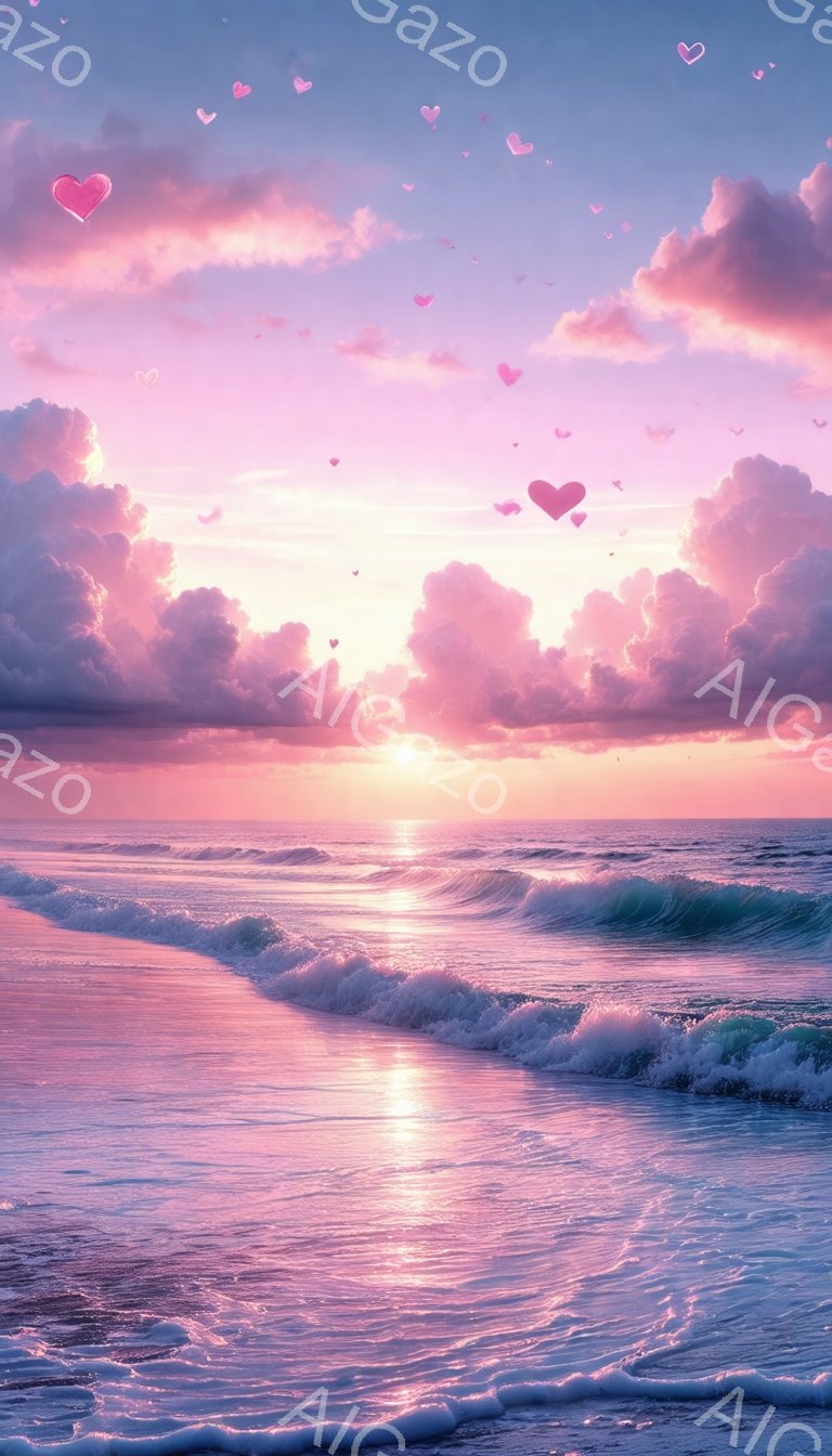 広大な海が夕焼けのピンクとオレンジ色に染まり、波が穏やかに打ち寄せている。空にはふわふわとした雲が広がり、心形の光が舞い上がっている様子が幻想的な雰囲気を醸し出している。全体的に暖かく、穏やかでロマンチックな情景が広がっている。