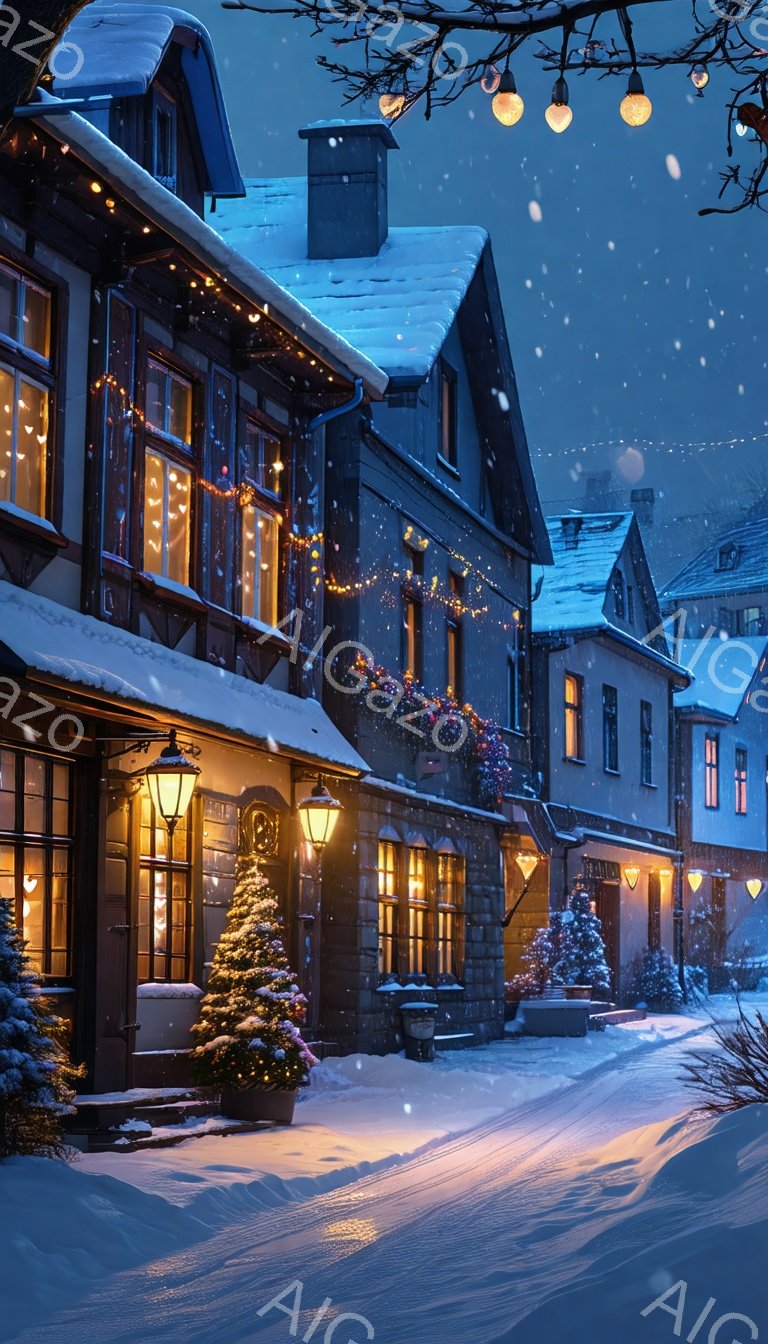 雪が降り積もる夜の、装飾が施された古い街並みが見える。暖色の光が窓から漏れ出し、雪景色に温かさを添えている。建物は石造りで、クリスマスツリーやガーランドが飾られ、静かで平和な冬の雰囲気を醸し出している。