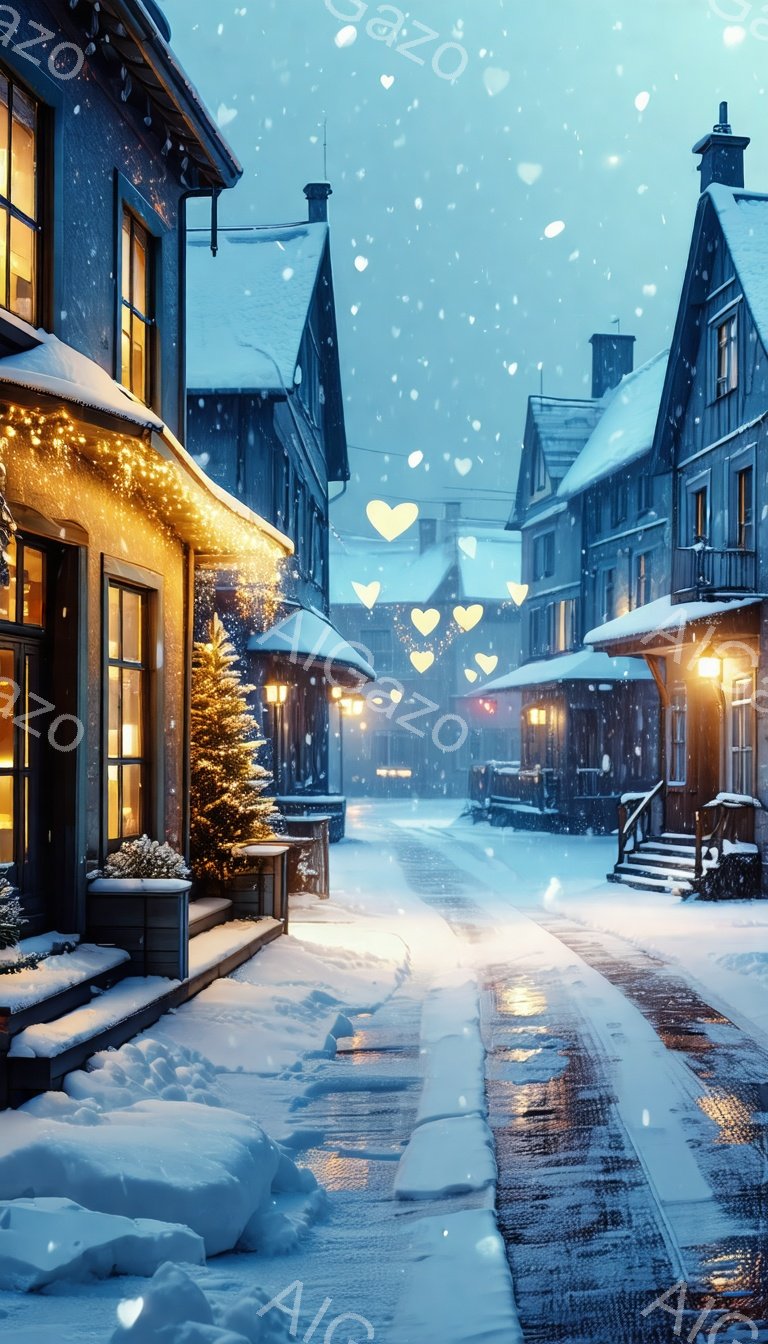 雪が降り積もる、石畳の通りが印象的な冬の風景です。両脇には温かい光を放つ建物が並び、クリスマスツリーやイルミネーションが暖かな雰囲気を醸し出しています。空にはハート型の光が舞い、ロマンチックで幻想的な冬の夜を表現しています。