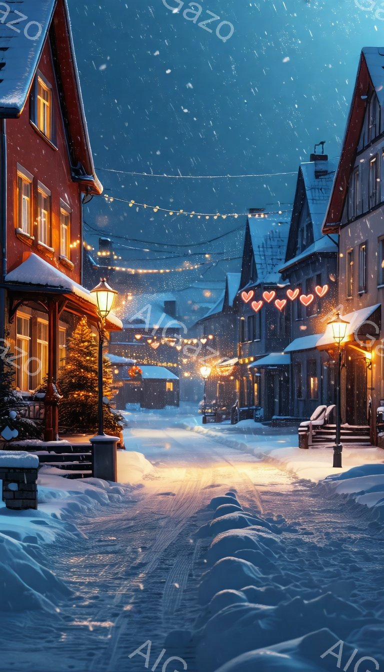 凍てつくような冬の夜、雪に覆われた石畳の通りが、暖かいストリートライトとカラフルなイルミネーションで照らされている。古いレンガ造りの建物が両側に立ち並び、雪の積もった屋根と窓からは暖かな光が漏れ出し、クリスマスの飾り付けが穏やかな雰囲気を醸し出している。深い青色の空と降り積もる雪が、静かで幻想的な冬の風景を作り出している。
