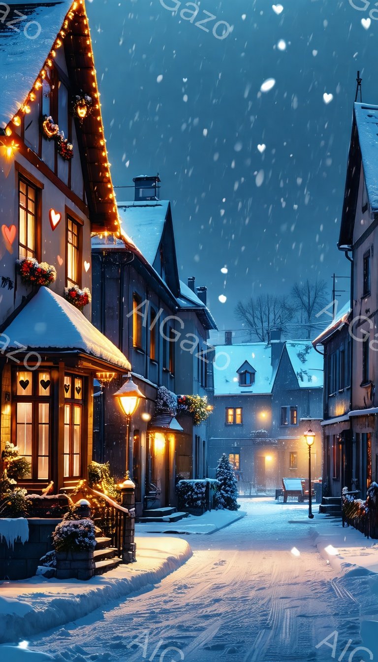 雪が降り積もる、静かな夜の街並みが描かれている。建物は白を基調としたヨーロッパ風で、窓からは温かい光が漏れ出し、クリスマスの飾り付けが施されている。道には雪が積もり、ランプの灯りが幻想的な雰囲気を醸し出している。