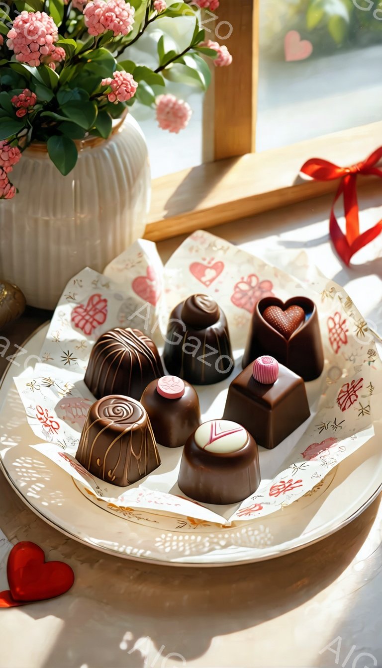 窓辺に置かれた白い皿に、様々なチョコレートが並べられています。背景には、ピンク色の花が活けられた壺と、バレンタインデーを連想させるハート模様の布が敷かれています。柔らかな光が差し込み、温かくロマンチックな雰囲気を醸し出しています。