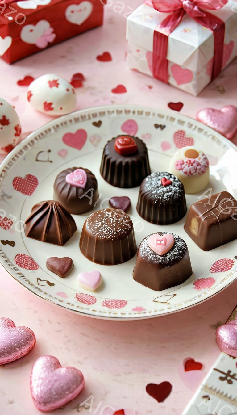 バレンタインデーを連想させる可愛らしい写真です。様々なチョコレートがハート柄の皿に美しく並べられており、皿の周りには紙吹雪のようなハートの形をした紙片が散らばっています。背景には、ピンクと白のラッピングされたプレゼントボックスがぼんやりと見え、全体的に甘くてロマンチックな雰囲気を醸し出しています。