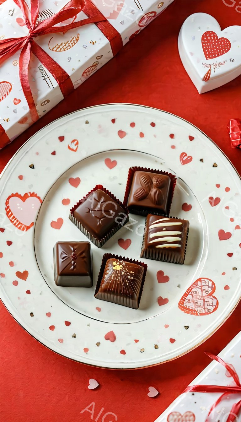 白い皿の上に、様々な種類のチョコレートが並べられています。背景は鮮やかな赤い布で、ハート形の紙吹雪が散りばめられ、チョコレートと赤いリボンで飾られた箱が隣に置かれています。全体的にバレンタインデーを連想させる甘くロマンチックな雰囲気です。