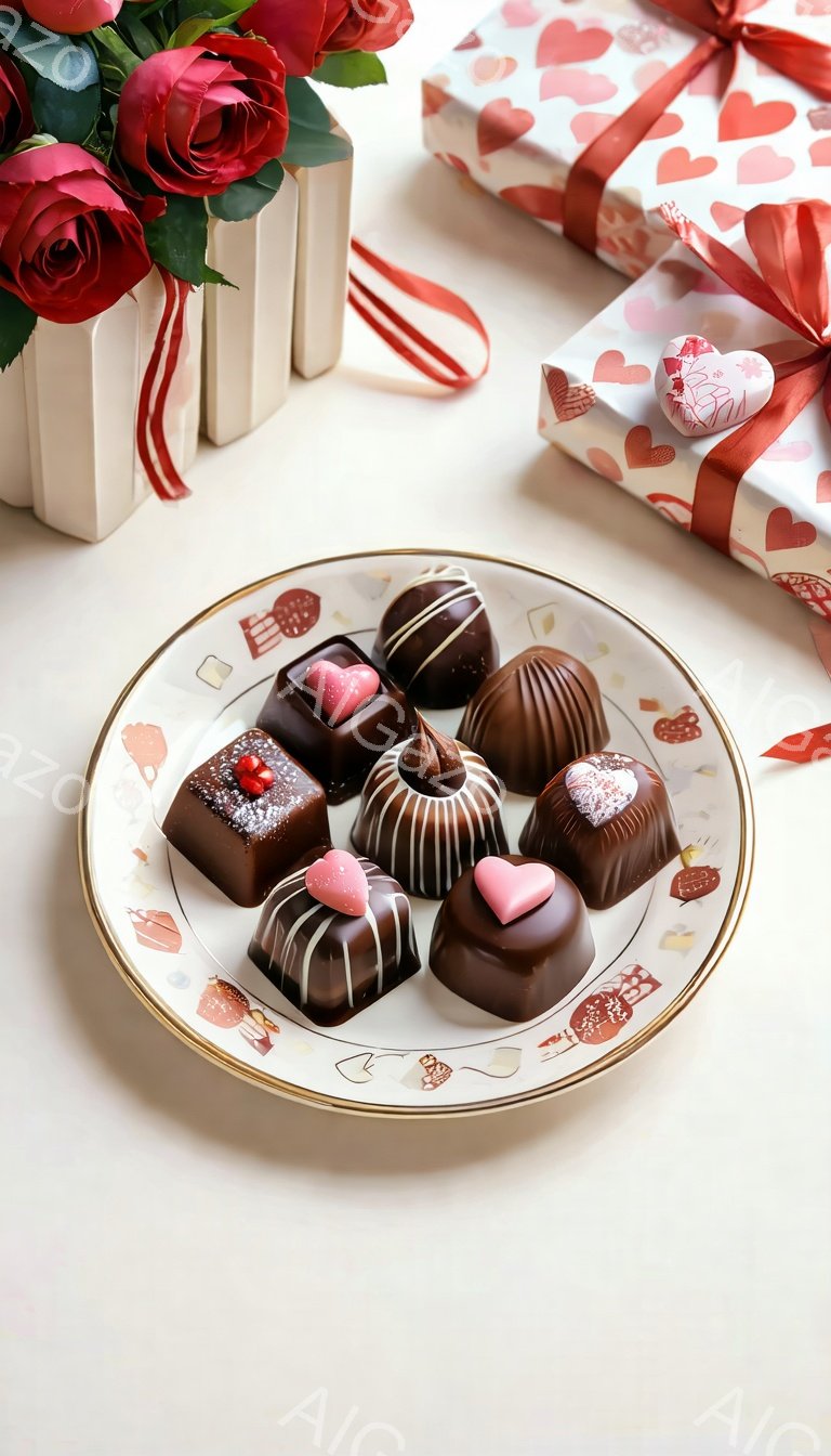 美しいチョコレートが飾られたお皿が写っています。チョコレートは様々な形と模様で、赤いハートの飾りがアクセントになっています。背景には赤いバラの花束と、ピンク色の包装紙で包まれたプレゼント箱が見え、バレンタインデーのようなロマンチックな雰囲気を醸し出しています。