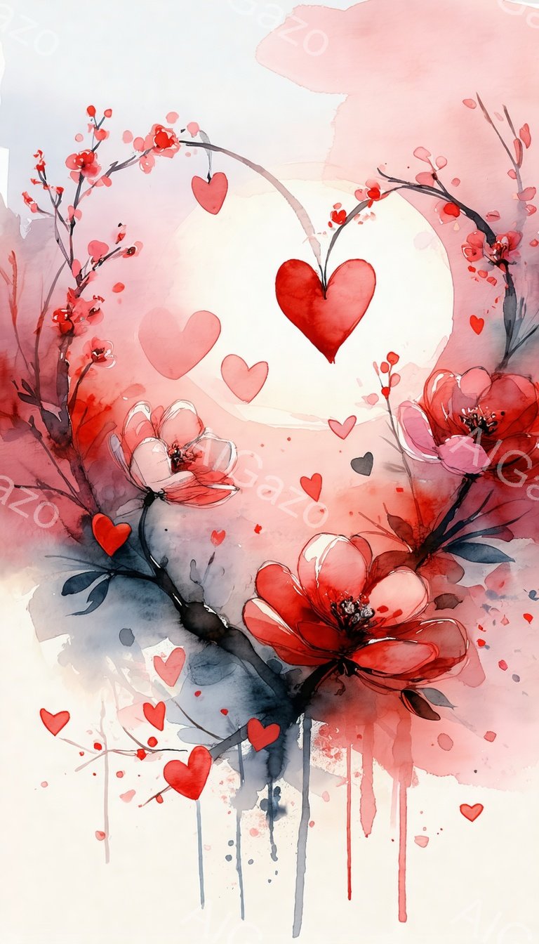 深紅の牡丹の花が咲き乱れ、黒い枝が画面の左側から伸びています。背景は淡いピンクと白のぼかしで、心臓の形をした赤いハートが散りばめられ、ロマンチックで夢のような雰囲気を醸し出しています。全体的に水彩画のようなタッチで、優雅さと情熱が感じられます。