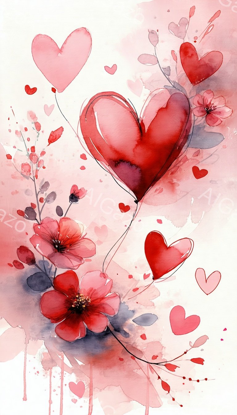 水彩画のようなタッチで、鮮やかな赤いハートと花々が描かれている。ハートは大小様々で、花々はつるのように絡み合い、画面全体に散りばめられた水滴と相まって、ロマンチックで優しい雰囲気を醸し出している。背景は淡いピンク色で、花々やハートの色を引き立てている。