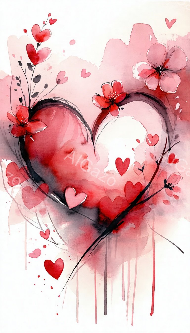 少女は目を閉じて、頬を赤く染め、何かに夢中になっているようです。彼女の髪は黒く、赤い花が咲き乱れている枝で飾られ、優雅な雰囲気を醸し出しています。背景は赤とピンクの滲んだ水彩画のようなタッチで描かれ、ハートや花びらが散りばめられ、ロマンチックで幻想的な雰囲気を演出しています。