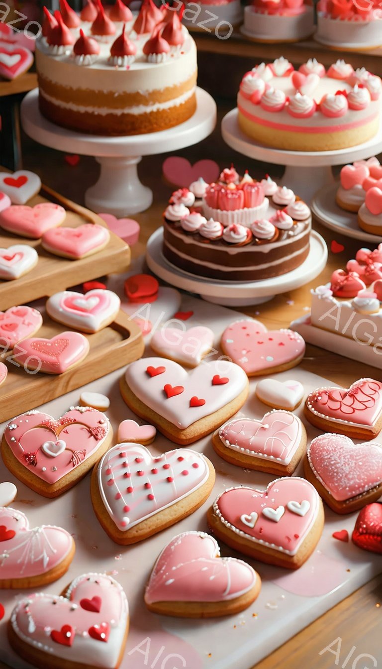 鮮やかなピンクと赤色のハート型のクッキーとケーキが、木製のテーブルの上に並べられています。クッキーにはアイシングで可愛らしい模様が描かれ、ケーキはクリームとベリーで飾られています。全体的にロマンチックで甘い雰囲気が漂い、バレンタインデーや特別な機会にぴったりの光景です。