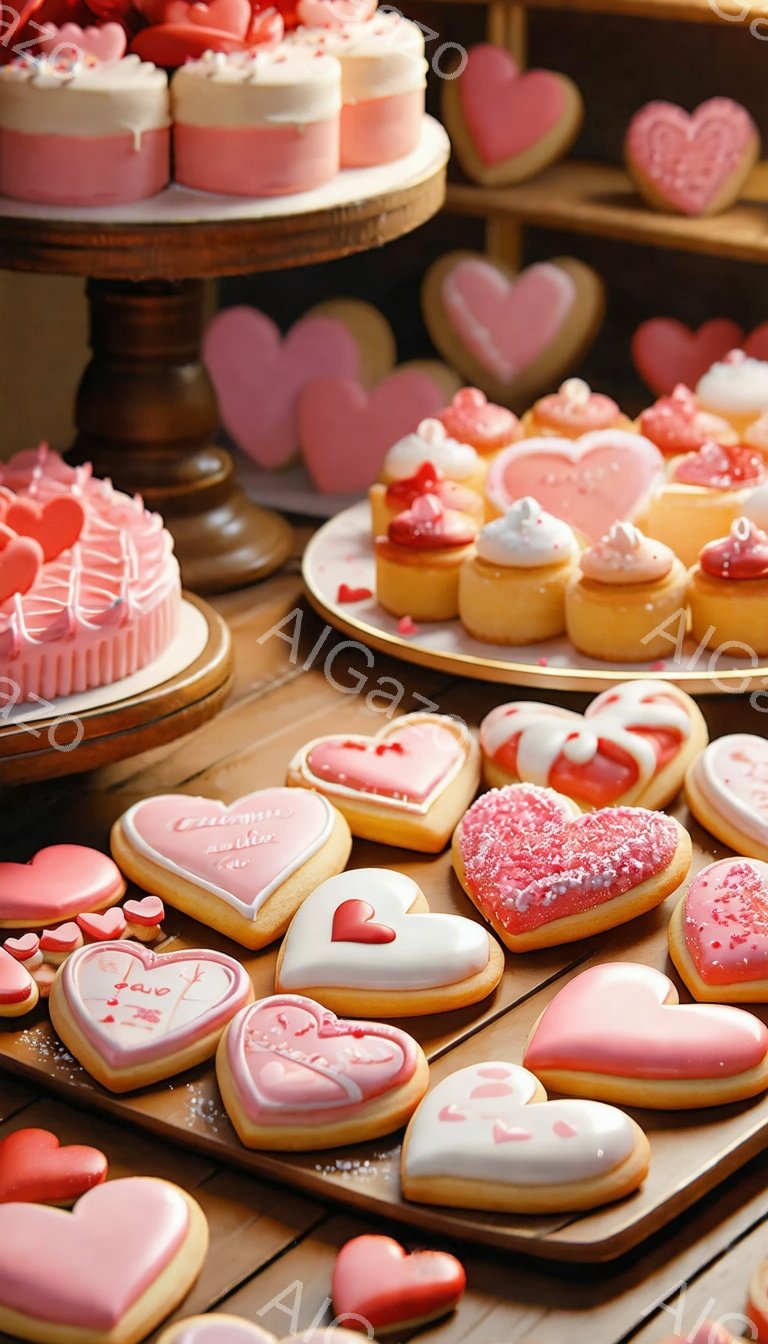 バレンタインデーを彷彿とさせる、ピンクと白を基調とした可愛らしいクッキーとケーキの盛り合わせです。ハート型のクッキーには、ピンクや白のアイシングが施され、グラデーションや細かい装飾が施されています。木製のテーブルの上に、ピンクのクリームを塗った小さなケーキが2段重ねで置かれ、全体的に甘くてロマンチックな雰囲気を醸し出しています。