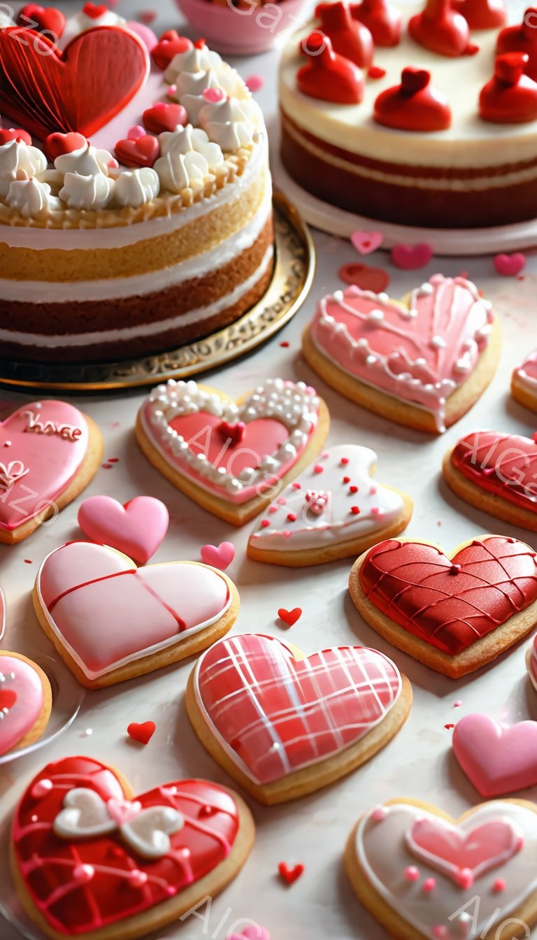 バレンタインデーを彷彿とさせる、可愛らしい焼き菓子が写っています。ハート型のクッキーや、クリームと赤い飾りで飾られたケーキが、白いテーブルの上に散りばめられたハートのチョコレートと共に並べられています。全体的に明るく、甘い雰囲気が漂い、ロマンチックな特別な日を祝うイメージです。
