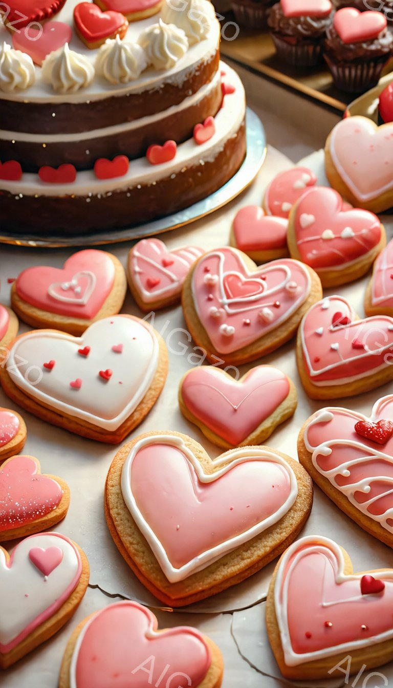 バレンタインデーを彷彿とさせる、ハート型のクッキーとケーキが並んでいます。ピンクと白のアイシングでデコレーションされたクッキーは、可愛らしい小さな赤いハートでさらに飾られ、甘くてロマンチックな雰囲気を醸し出しています。背景には、同じような装飾が施されたケーキが見え、全体的に温かく、お祝いムードを感じさせます。
