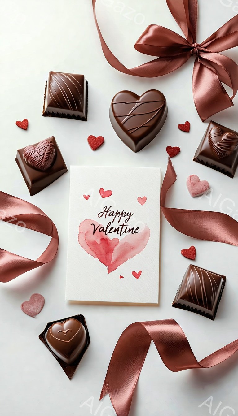 白い背景の上に、様々なチョコレートと赤いリボン、そしてハート型の紙片が散りばめられています。中央には「Happy Valentine」と書かれたカードがあり、全体的にロマンチックで甘い雰囲気を醸し出し - AI生成フリー素材