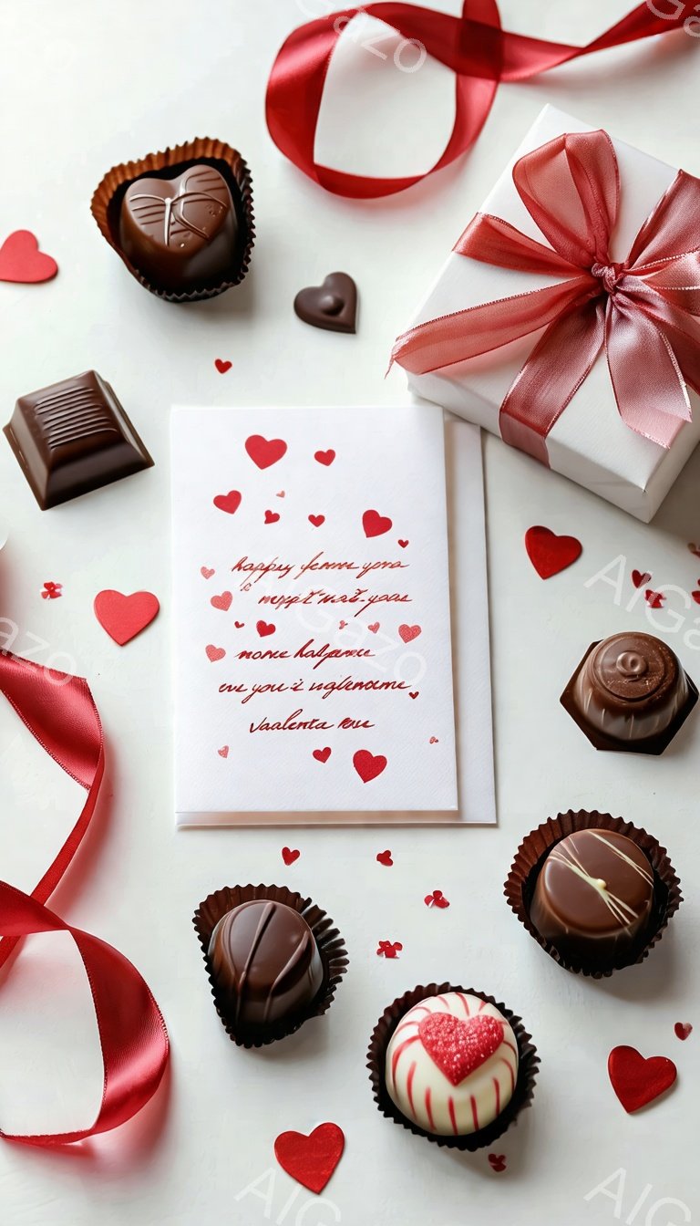 白い背景に、様々なチョコレートと赤いハート型の紙吹雪が散りばめられています。左奥には赤いリボンで結ばれた白いギフトボックスが置かれ、チョコレートはトリュフや四角い形など種類豊富です。バレンタインデーを連想させる、甘くてロマンチックな雰囲気です。