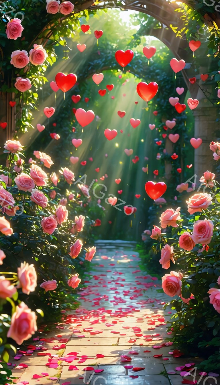 つるバラで覆われたアーチの先に、石畳の道が伸びている光景です。空から降り注ぐ赤いハートと、バラの花びらが道一面に散らばり、太陽の光が木々の間から差し込み幻想的な雰囲気を醸し出しています。明るい日差しと鮮やかな色彩が、ロマンチックで温かい感情を呼び起こします。