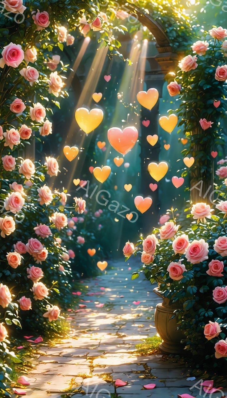 石造りのアーチがバラの花で覆われ、石畳の道が奥へと続いている、幻想的な風景です。空気中には無数のハートが舞い、太陽光線が降り注ぎ、ロマンチックで夢のような雰囲気を醸し出しています。バラの香りが漂ってくるような、温かく優しい情景です。