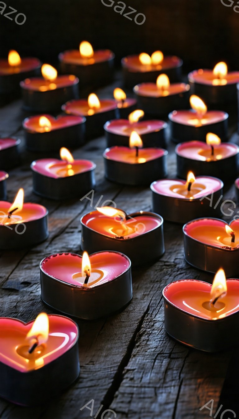 画像には、暗い木製の表面に並べられた多くのハート型のキャンドルが写っています。各キャンドルは点灯しており、暖かくオレンジ色の光を放ち、ロマンチックで穏やかな雰囲気を作り出しています。キャンドルの配置は - AI生成フリー素材