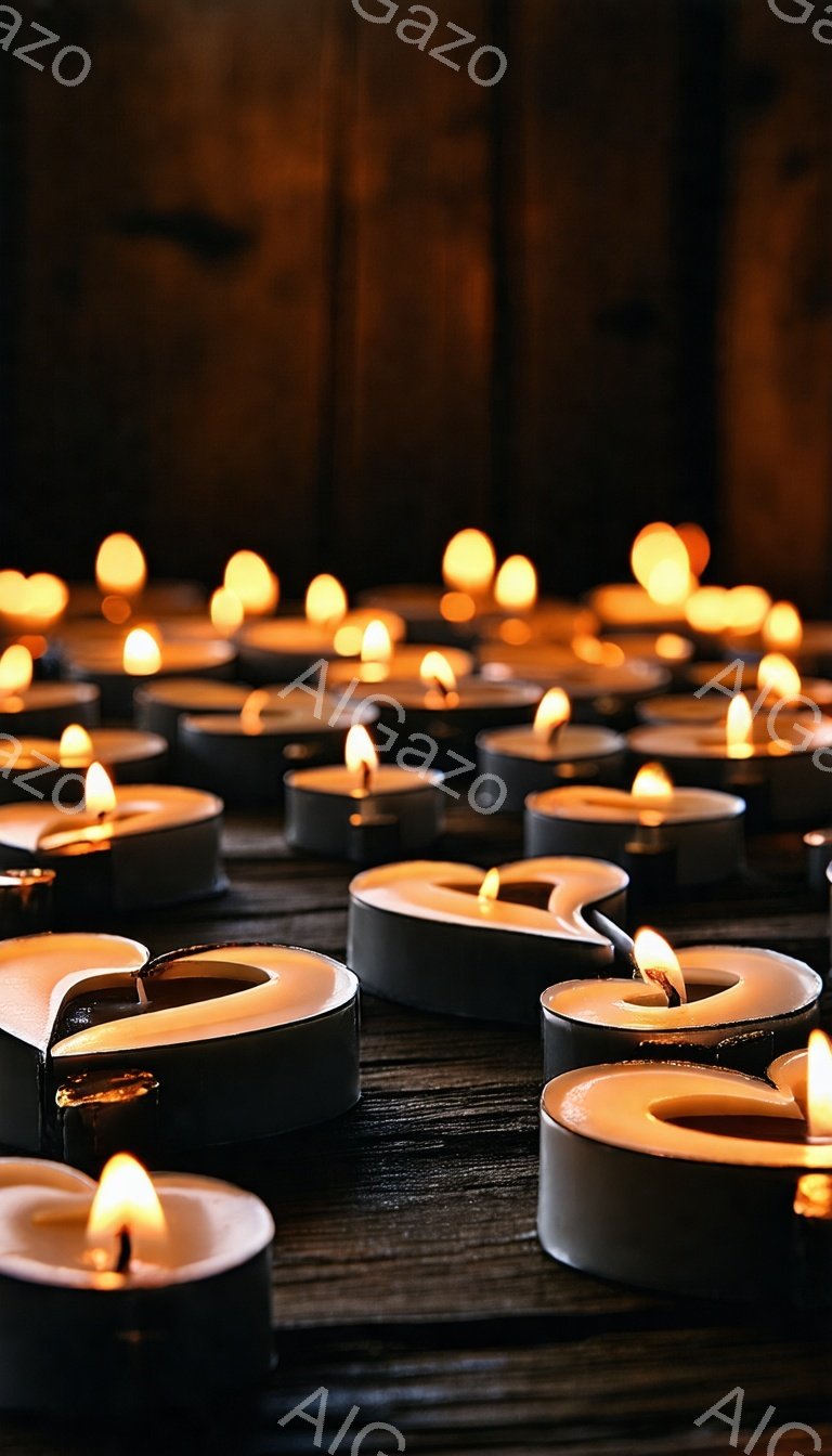 暗い木製の背景に、たくさんの黒いキャンドルが並べられています。それぞれのキャンドルは火が灯っており、オレンジ色の暖かい光を放っています。全体的に静かで瞑想的な雰囲気が漂い、祈りや追悼の場面を連想させます。