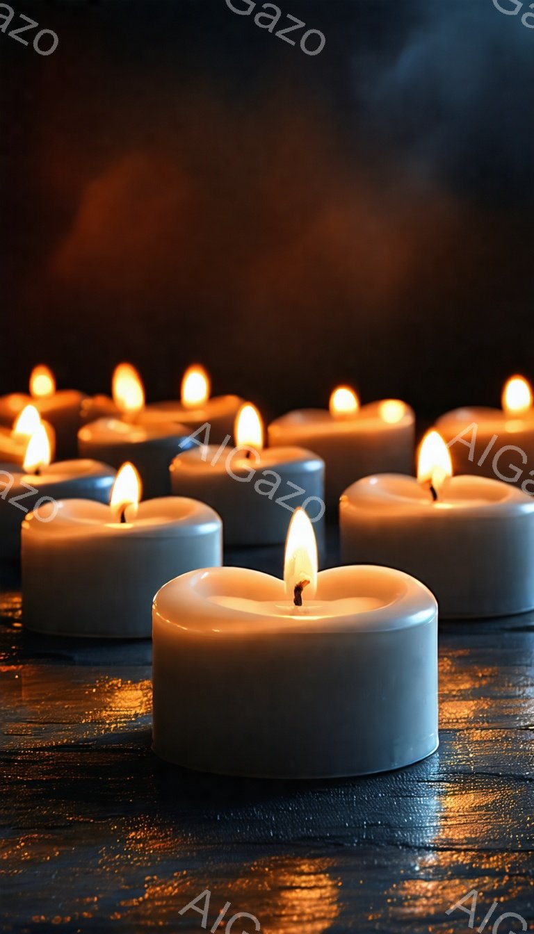 暗い木製の表面に、点灯した白い円柱形のキャンドルが複数並んで配置されています。 キャンドルの炎は明るくオレンジ色で、キャンドル自体と木製の表面に暖かくぼんやりとした光を投げかけています。 全体的な雰囲気は静かで、瞑想的で、落ち着かせてくれます。