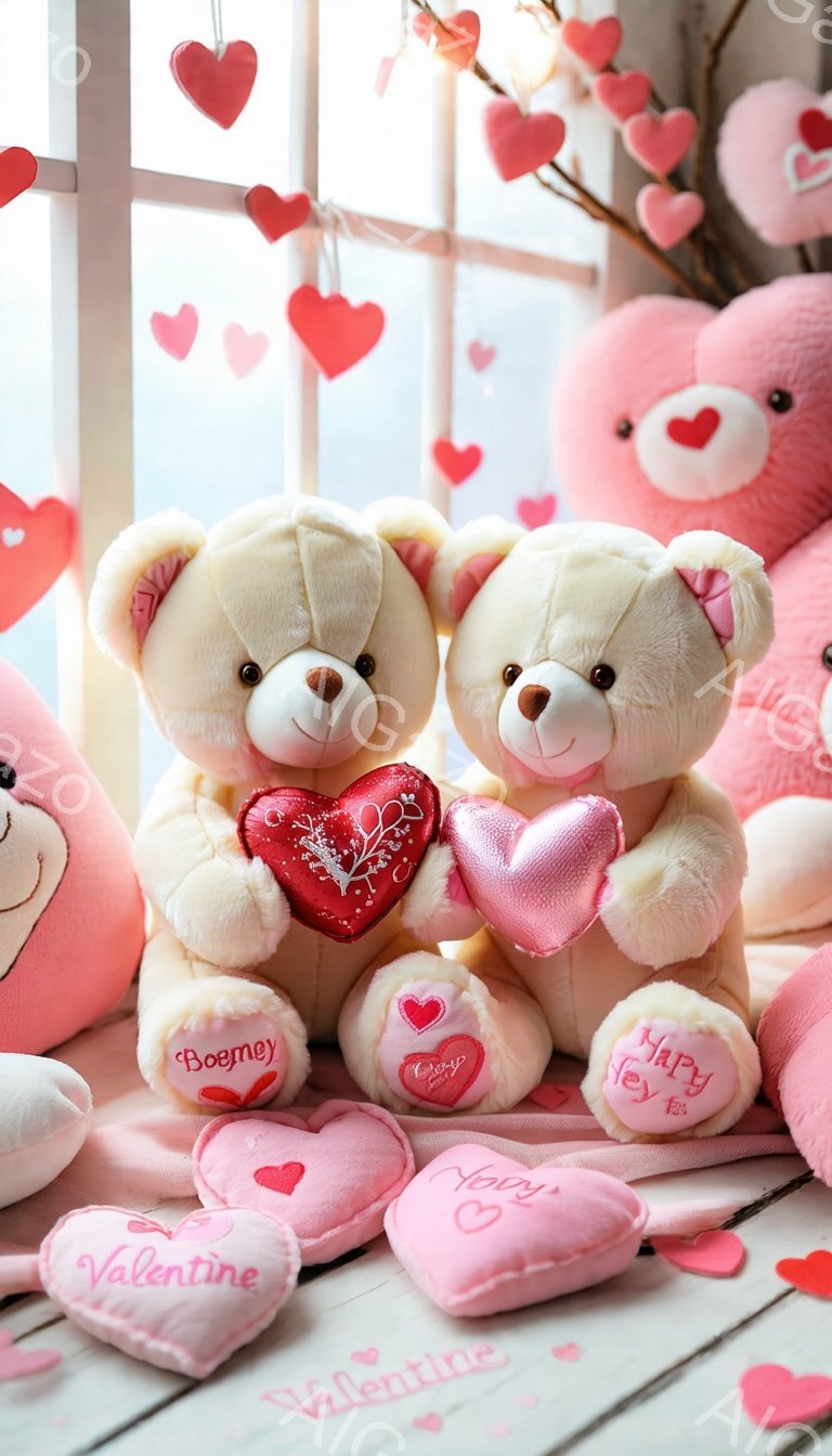 白いテディベアが、赤いハート型の枕を抱きしめて座っています。周りには、ピンクや赤のハート型のクッションや飾りがたくさん散りばめられており、背景にはぼやけた窓と庭の風景が見えます。全体的にロマンチックで温かいバレンタインデーの雰囲気です。