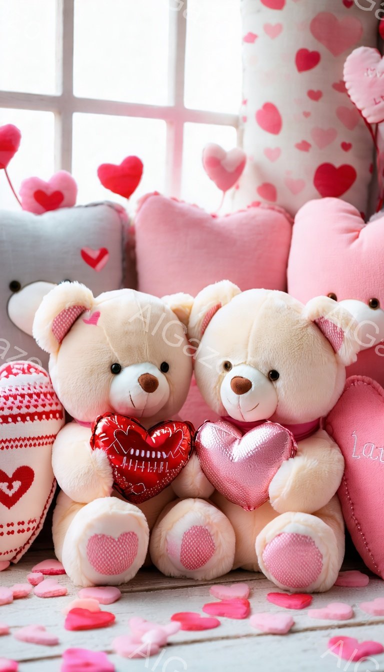 ふわふわの白いテディベアが二匹、ピンクや赤色のハートのクッションに囲まれて座っています。一匹は赤いハートを抱え、もう一匹はピンクのハートを抱えています。背景にはハート形の紙吹雪が散りばめられ、ロマンチックで暖かい雰囲気を醸し出しています。