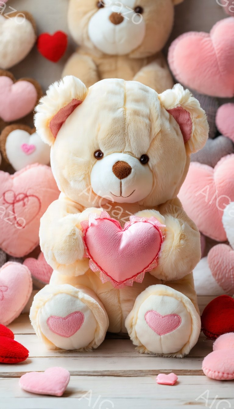 白くてふわふわのテディベアが、ピンク色のハート型のクッションを抱きかかえています。背景には様々な色のハート型のクッションが散りばめられており、木製のテーブルの上に置かれています。全体的に甘くてロマンチ - AI生成フリー素材
