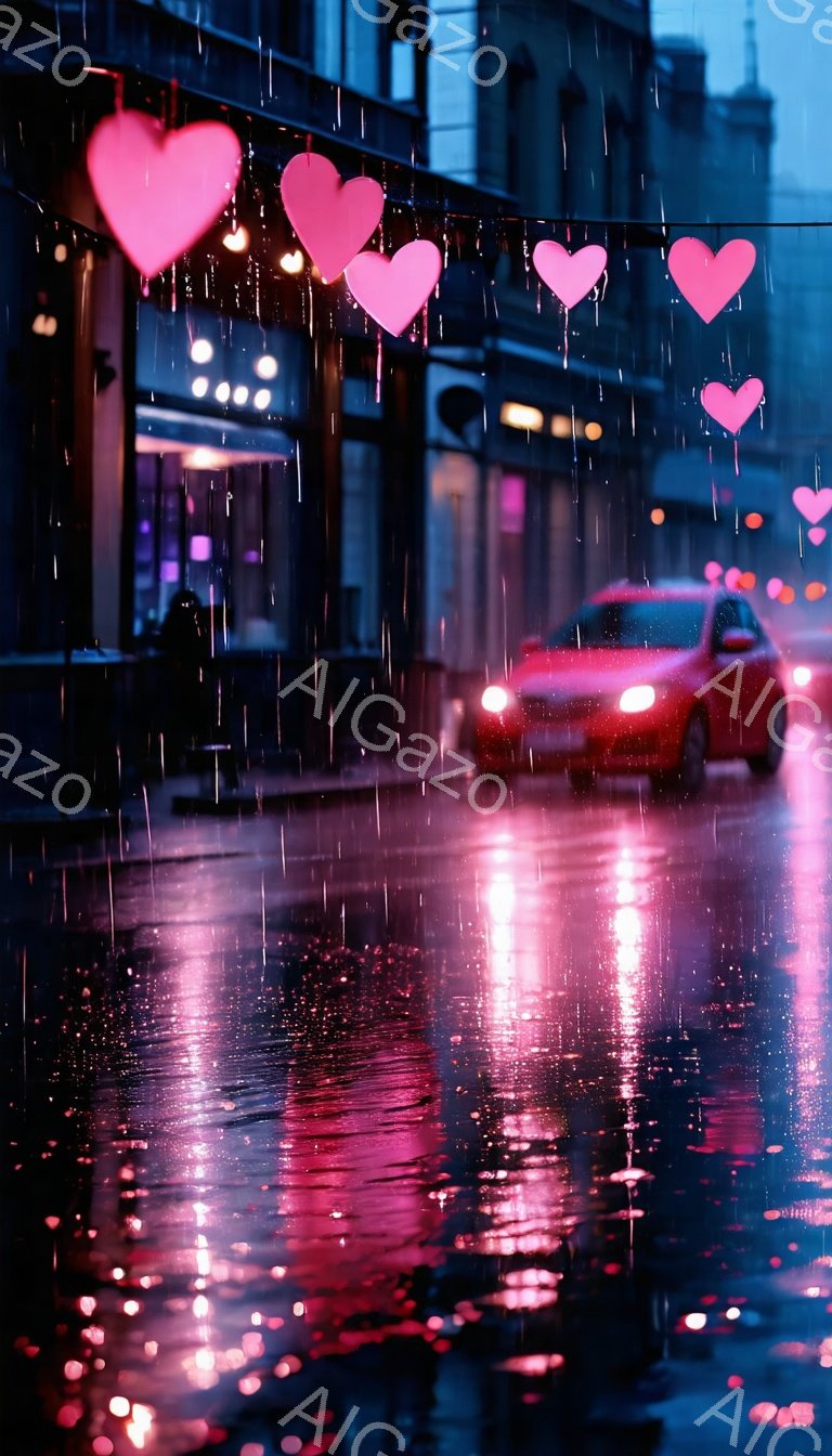 雨の夜の街並みが描かれており、路面は雨で濡れて光を反射している。ピンク色のハート型のライトが空中に飾られ、街の活気とロマンチックな雰囲気を演出している。赤色の車が通りを走り、背景にはぼやけた建物と明かりが見える。