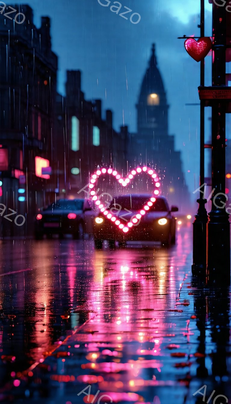 雨の夜の街並みが描かれています。道路は濡れて光を反射し、遠くに見える建物はシルエットとしてぼやけています。特に目を引くのは、車のヘッドライトで作られたハート形の光で、ロマンチックで幻想的な雰囲気を醸し出しています。