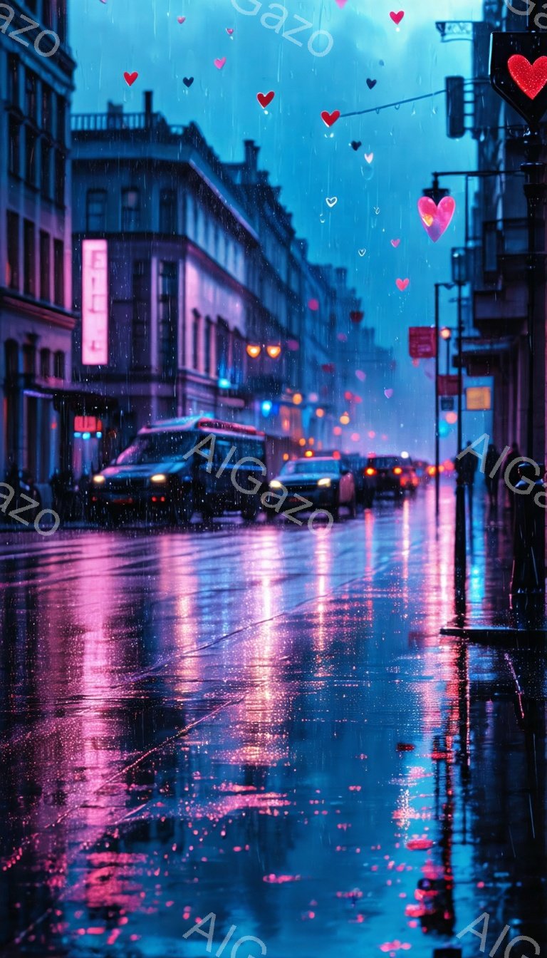 雨の夜の都市の通りが描かれており、濡れた路面に街灯や車のライトが反射して虹色に輝いている。空にはハート型の光が舞い上がり、ロマンチックで幻想的な雰囲気を醸し出している。建物はクラシカルな様式で、夜の闇に照らされ、遠くには人影が見える。