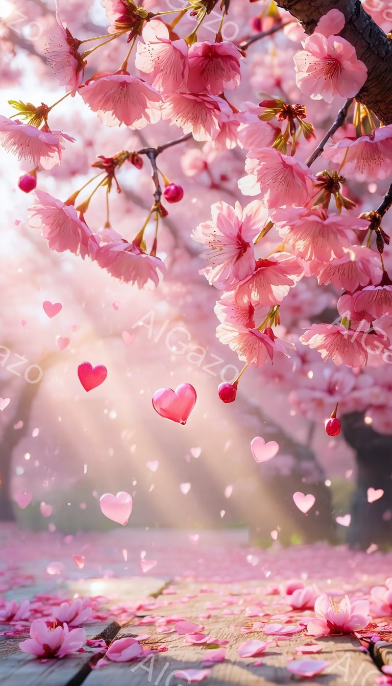 満開の桜が舞い散り、ピンク色の花びらが地面や木製のデッキを覆っています。光が差し込むことで、桜の花びらがキラキラと輝き、愛らしいハート型の光の粒子が空中に漂っています。春の暖かくロマンチックな雰囲気が漂い、まるで夢のような美しい光景です。