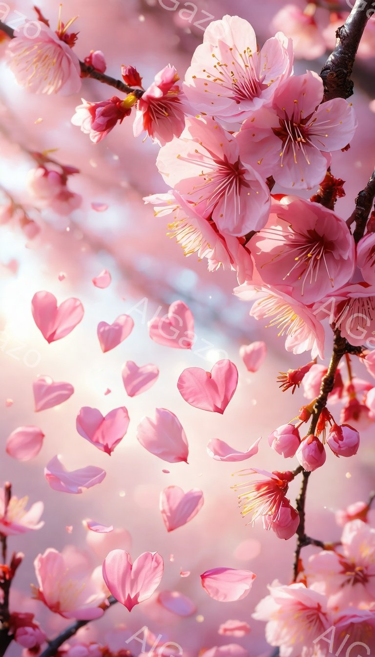 桜の枝が画面いっぱいに広がり、ピンク色の花びらが舞い散っている様子が捉えられています。背景は淡いピンク色でぼやけており、春の暖かく幻想的な雰囲気を醸し出しています。花びらはハート型に加工されており、愛らしさとロマンチックな印象を与えます。