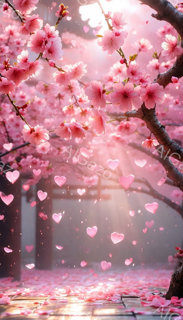 桜の花びらが舞い散る、幻想的な光景が広がっている。ピンク色の花びらがハート型に変化し、石畳の道や地面を埋め尽くし、春の暖かくロマンチックな雰囲気を醸し出している。背景にはぼんやりとした建物が見え、柔らかい光が差し込み、夢のような情景を作り出している。