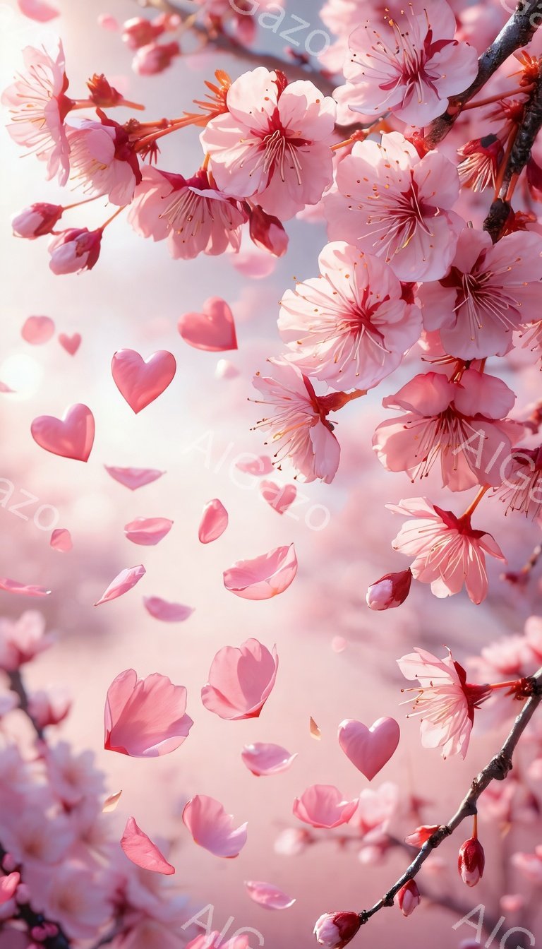 桜の花びらが舞い散る美しい風景です。ピンク色の花びらが画面全体に広がり、まるで夢の中にいるような幻想的な雰囲気を醸し出しています。ハート型の花びらがアクセントとなり、春の暖かさや優しさを表現しています。