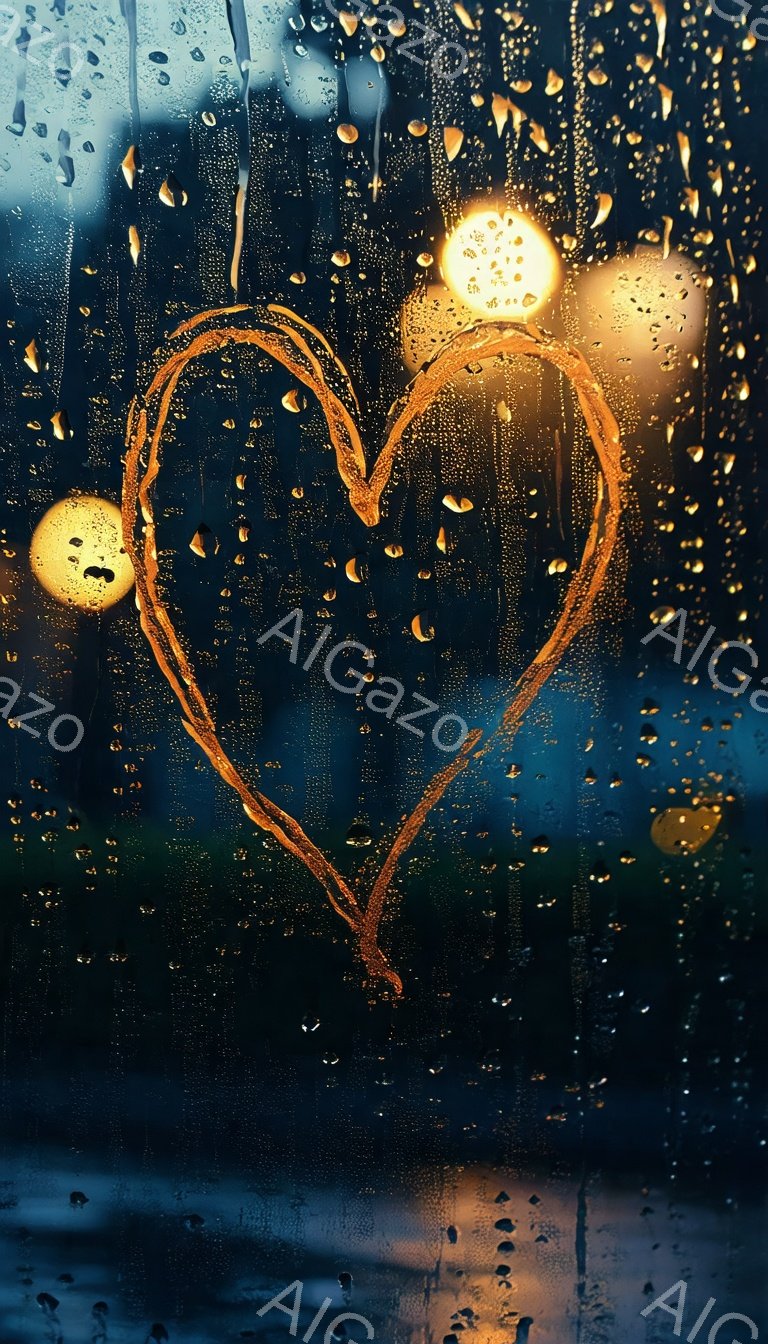 雨上がりの夜、窓ガラスに水滴が付き、その水滴の間からぼやけた街の光が漏れている。水滴の隙間には、手書き風のハートが光り、近くには明るい街灯が2つ輝いている。全体的に、ロマンチックで少しノスタルジックな雰囲気で、雨上がりの静けさと温かい光が対照的である。