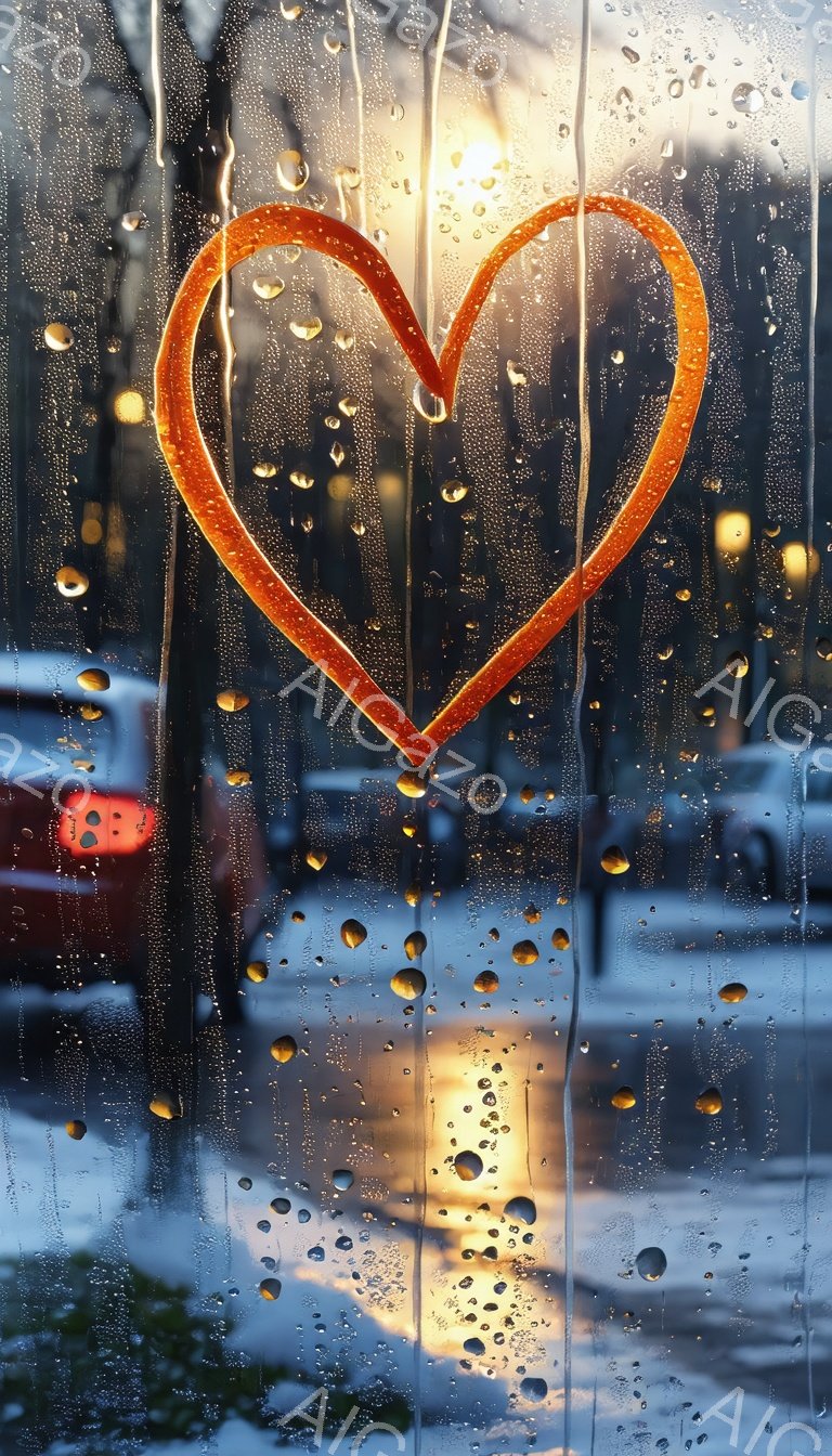 雨粒で覆われた窓ガラス越しに、ぼやけた街並みが映り込み、その上に鮮やかなオレンジ色のハートが描かれている。街灯や車のライトが水滴を通してキラキラと輝き、幻想的な雰囲気を醸し出している。雨の日の寂しさと温かさが混ざり合った、ノスタルジックな印象を与える画像である。