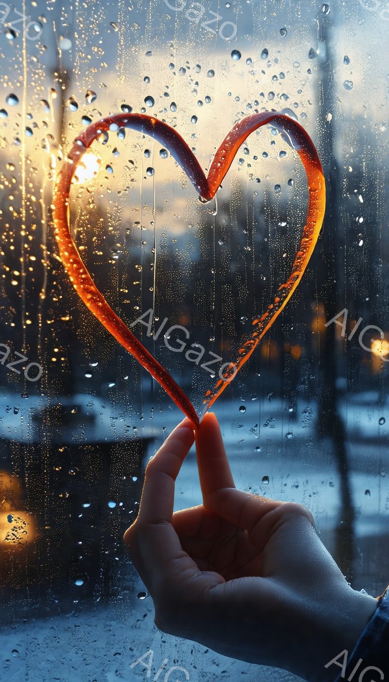 雨粒で覆われた窓ガラスに、誰かの手がハートの形を描いている。背景には夕焼けの光とぼやけた街並みが見え、雨の日の憂鬱と温かい感情が混ざり合った雰囲気を作り出している。手の肌は青白く、雨の暗い色合いと対照的で、心に触れるような印象を与える。