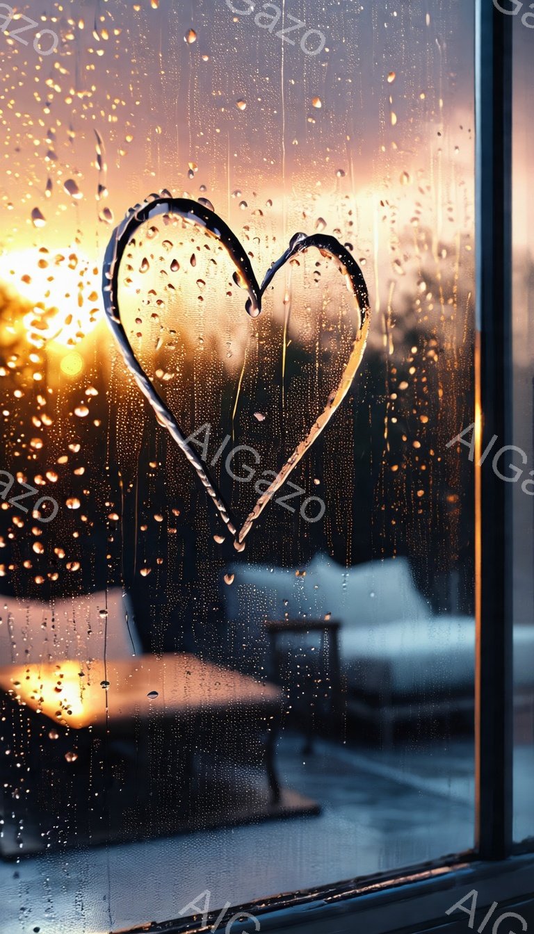 窓ガラスに描かれたハートが印象的な写真です。ハートの形は水滴で覆われ、ぼやけた背景には夕焼けのようなオレンジ色の光が差し込み、雨の日の穏やかな雰囲気を醸し出しています。奥には、家具が見え、雨で濡れたテラスらしきものが広がっています。