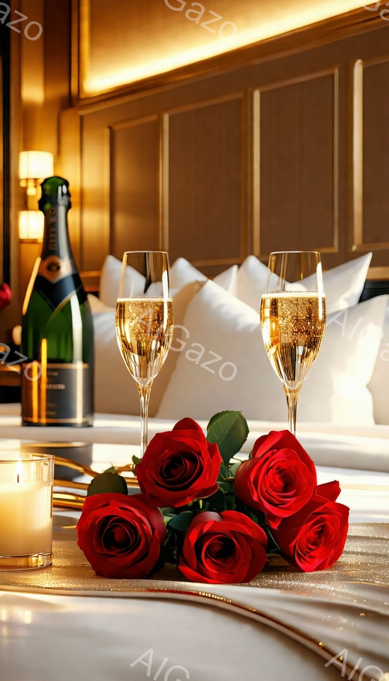 テーブルの上には、赤いバラの花束、シャンパンのボトルとグラス、そして小さなキャンドルが置かれています。背景には、白い枕が並んだベッドと黄金色の壁がぼやけて見え、ロマンチックで贅沢な雰囲気を醸し出しています。シャンパンは泡立ち、特別な機会や祝賀を連想させます。
