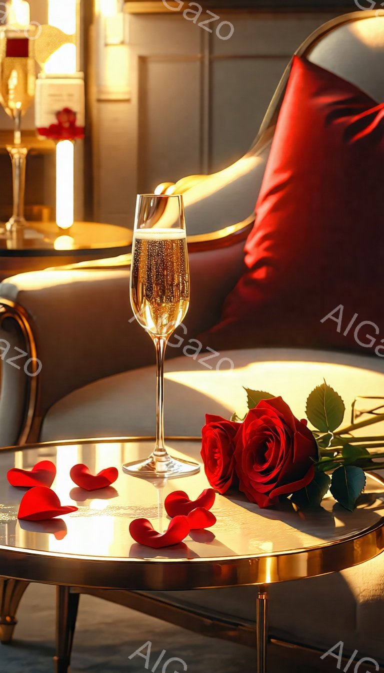 金色のテーブルの上に、シャンパングラスと赤いバラが飾られています。バラの周りにはバラの花びらが散らばっており、背景には赤いクッションと金色の装飾がぼんやりと見えます。全体的に、ロマンチックで優雅な雰囲気を醸し出しています。