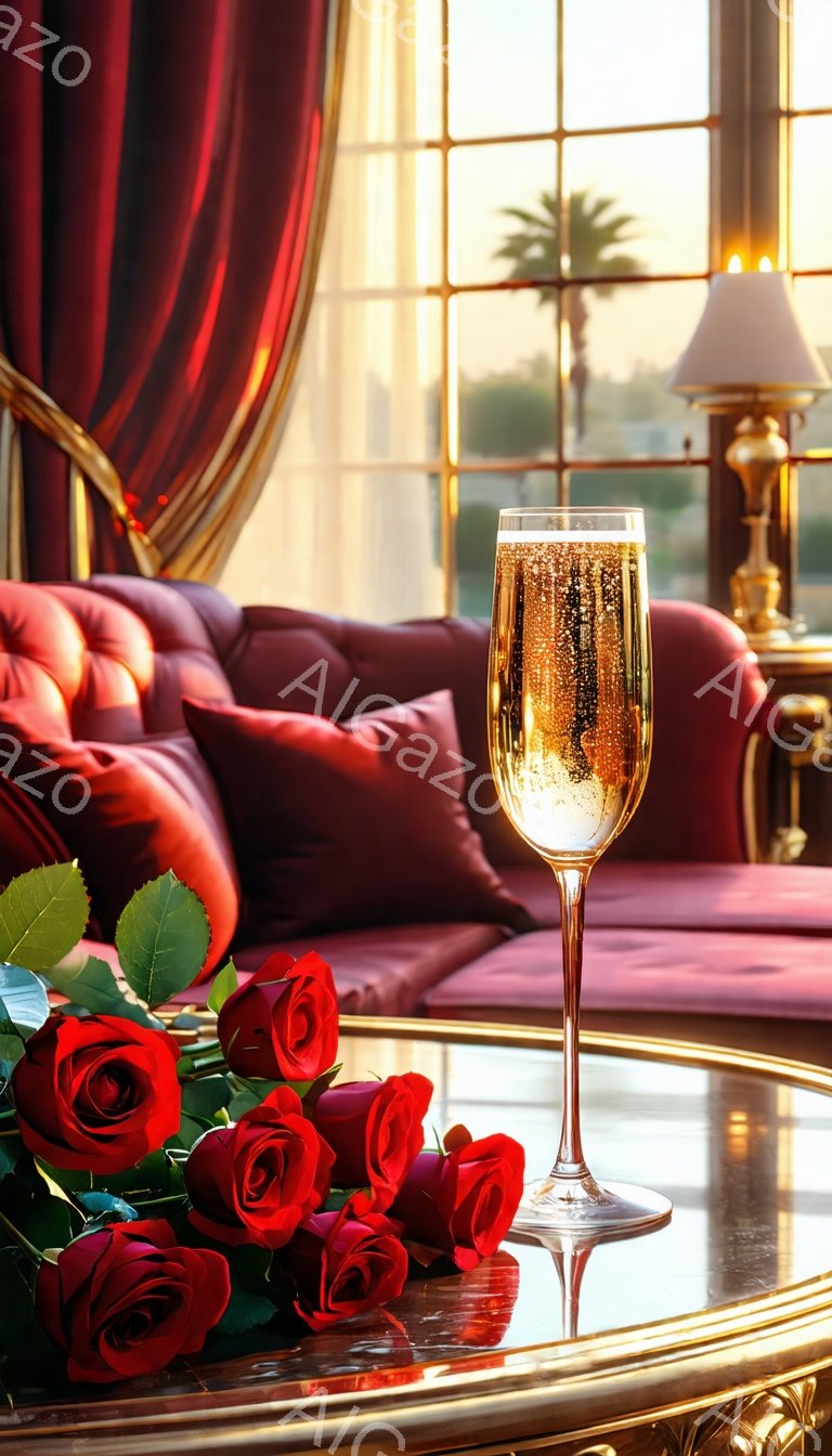 深紅のベルベットソファと装飾的な窓枠が印象的な室内で、赤いバラの花束とシャンパンのグラスがテーブルに置かれている。窓の外にはヤシの木が見え、暖かい光が差し込んでいるため、贅沢でロマンチックな雰囲気が漂っている。シャンパンは泡立ち、バラは鮮やかな赤色で、特別な機会や記念日を連想させるシーンだ。