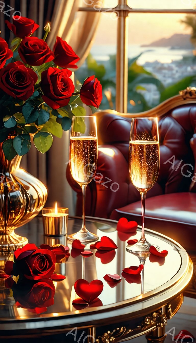 豪華な赤いバラの花束、シャンパンが注がれた2つのグラス、そして散りばめられたバラの花びらが、丸い金色のテーブルの上に配置されている。背景には、夕暮れ時の街並みが見え、暖かくロマンチックな雰囲気を醸し出している。テーブルの隣には、燃えるキャンドルが灯り、優雅で贅沢な空間を演出している。