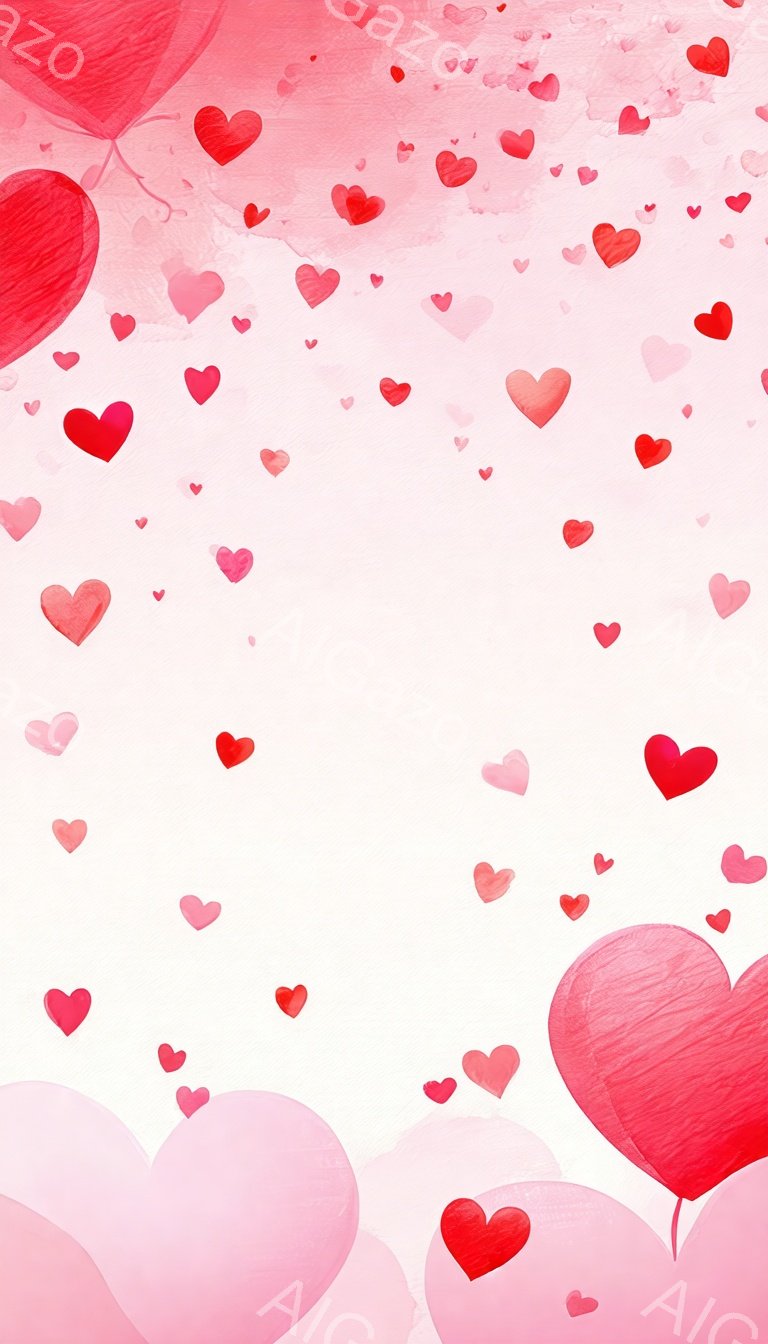 画像全体は、様々な大きさのピンクと赤色のハートが散りばめられた、明るく優しい雰囲気です。ハートはまるで紙吹雪のように、画面全体にふわふわと舞い散っています。背景は白く、ハートの色がより際立ち、ロマンチックで華やかな印象を与えます。