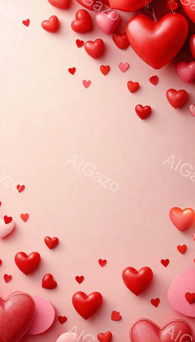 淡いピンク色の背景に、様々な大きさの赤いハートと薄いピンク色のハートが散りばめられています。ハートは立体的なデザインで、まるで空間に浮かんでいるかのように配置され、甘くロマンチックな雰囲気を醸し出しています。全体的に柔らかく、バレンタインデーや愛情表現を想起させるイメージです。