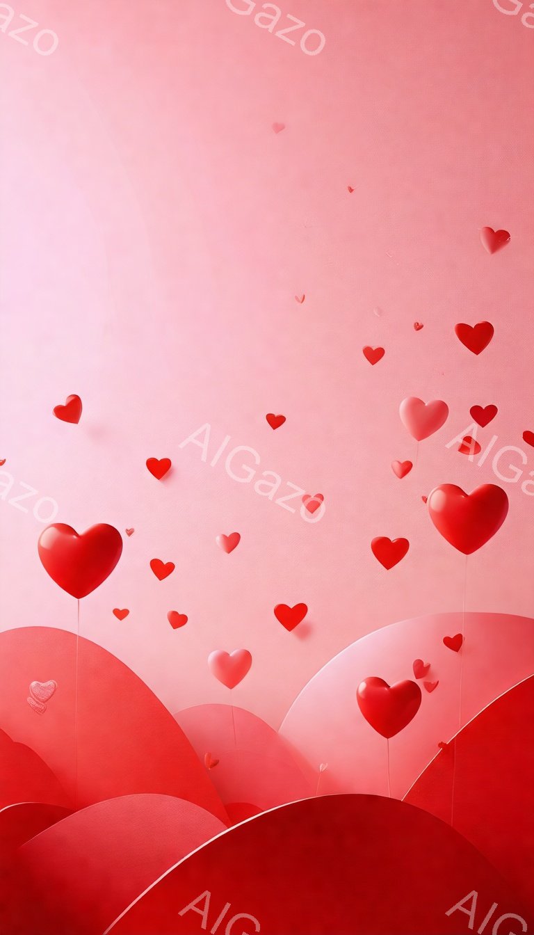 鮮やかなピンク色の背景に、様々な大きさの赤いハートが浮かび、まるで愛に満ちた空間が広がっているようです。ハートは風に舞っているかのように配置され、立体的な形状で、一部は影を落としています。全体的にロマンチックで、喜びと幸福感を表現するような、温かい雰囲気です。