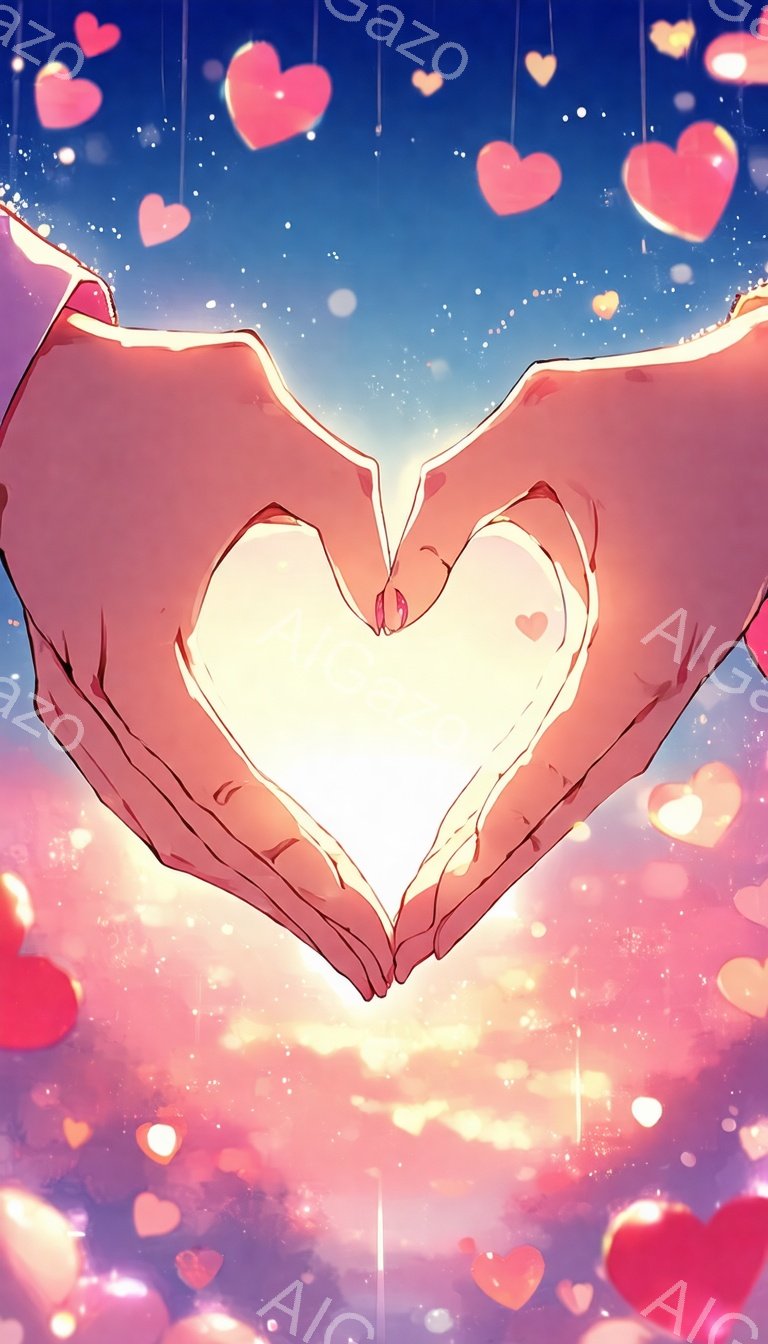 明るい光を内包したハート形のシルエットが、両手で優しく包み込まれています。背景は、ピンクと紫が混ざり合った柔らかなグラデーションで、数多くの小さなハートが舞い散る幻想的な空間が広がっています。全体的に温かく、ロマンチックで、希望に満ちた雰囲気が漂っています。