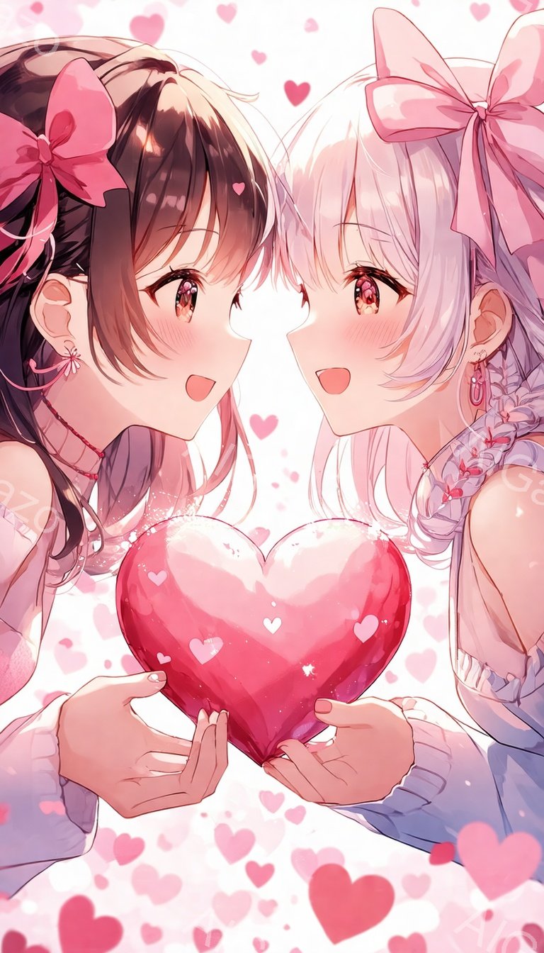 長い黒髪にピンクのリボンをつけた少女と、白髪にピンクのリボンをつけた少女が、大きな赤いハートを両手で抱きかかえています。二人は互いに顔を見合わせ、微笑んでおり、頬はほんのり赤らんでいます。背景はピンク色のハートの粒子で満たされ、全体的に甘くてロマンチックな雰囲気が漂っています。