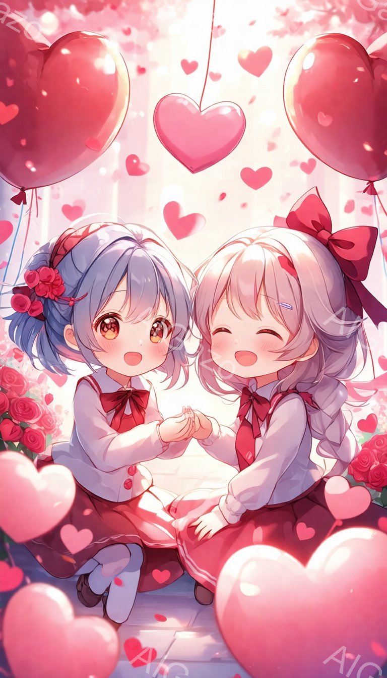 画像には、2人の可愛らしい少女が描かれています。一人は水色の髪をリボンで結い、もう一人は白髪で同じくリボンをつけています。二人は白い制服に赤いネクタイとリボンをつけ、花びらが舞う中で手をつなぎ、頬を寄せ合い、喜びと愛情に満ちた表情をしています。