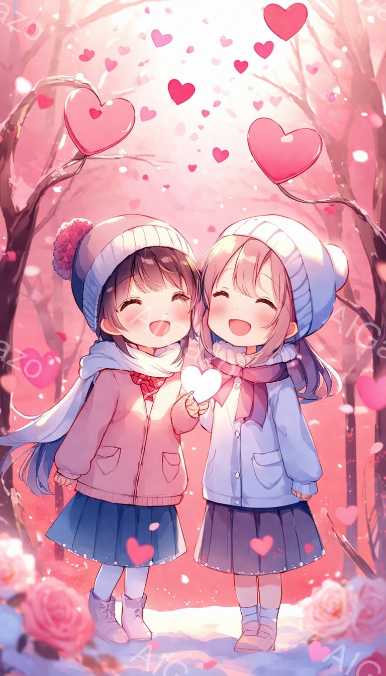 画像には、ポンポン付きのニット帽をかぶった二人の少女が描かれています。それぞれピンクと水色の暖かいコートを着ており、顔には笑顔が浮かび、片手にはハート型の紙を持っている様子です。背景には、ピンク色に染まった木々と、舞い散るハート、そして雪のような花びらが描かれており、ロマンチックで暖かな雰囲気が漂っています。